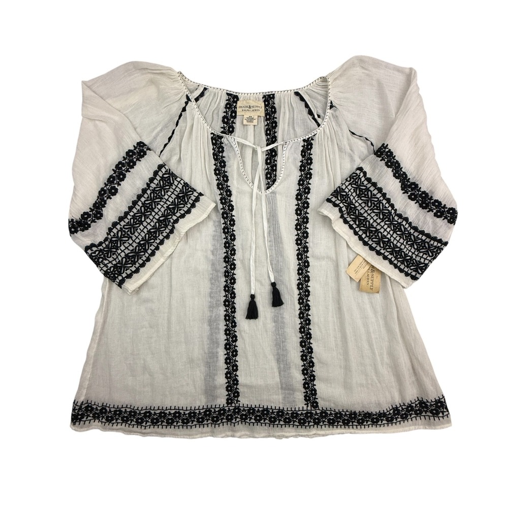 Denim & Supply Ralph Lauren Peasant Top Women Medium White Boho Embroidered